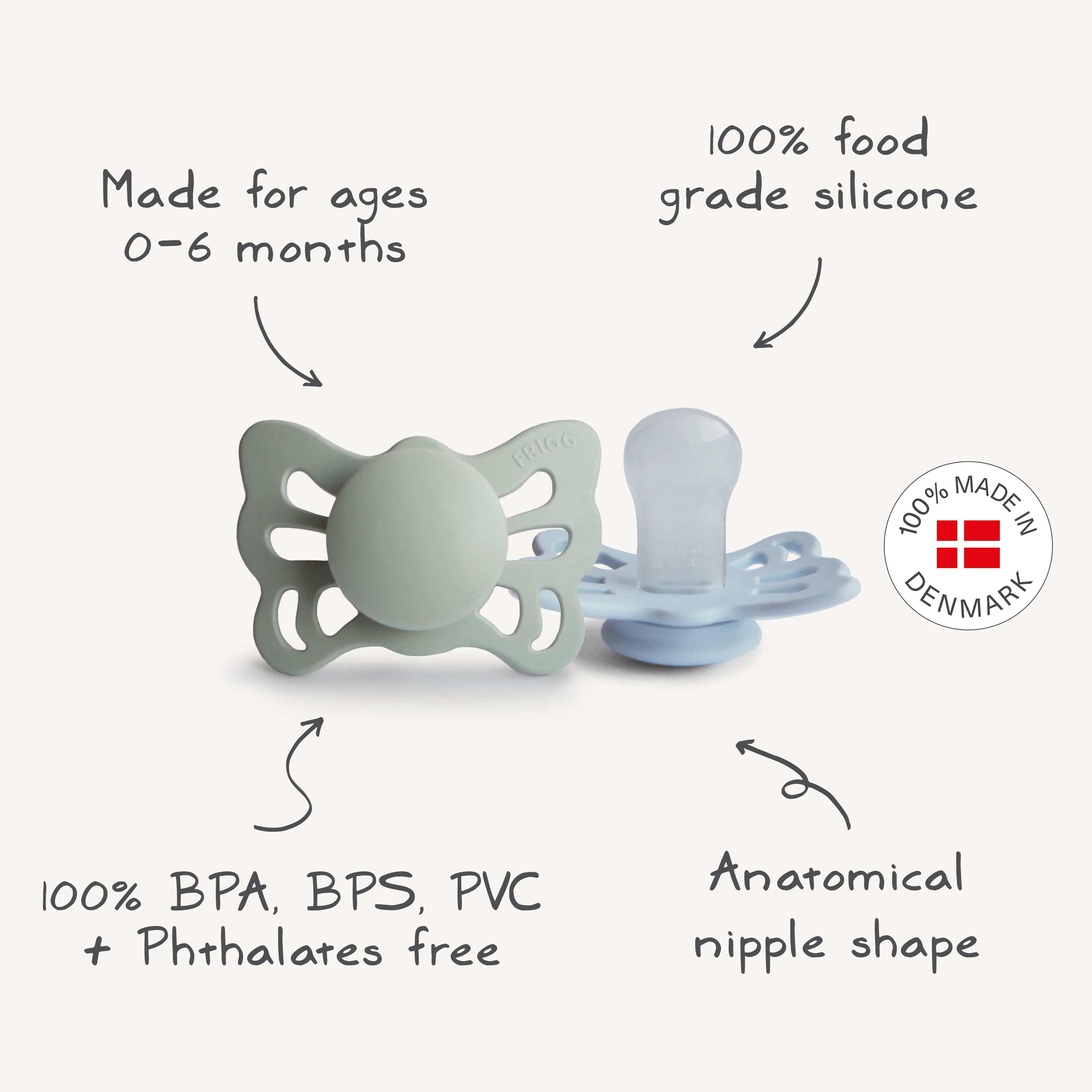 Image of FRIGG Butterfly Anatomical Silicone Pacifier 2-Pack (0-6 Months)